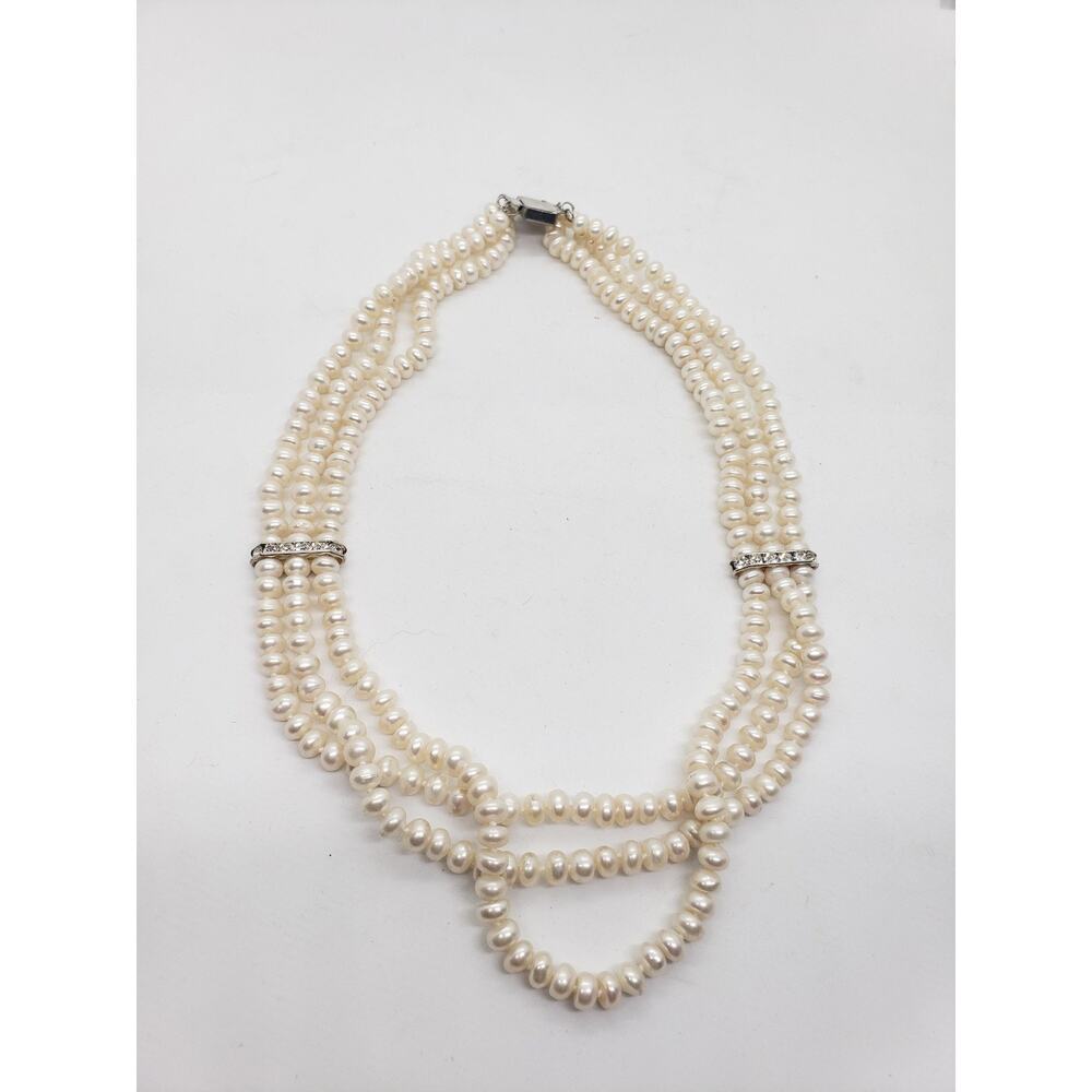 Freshwater Pearl Necklace 3 Strand White Rhinestone Spacers Silver Tone Layered - Picture 12 of 15